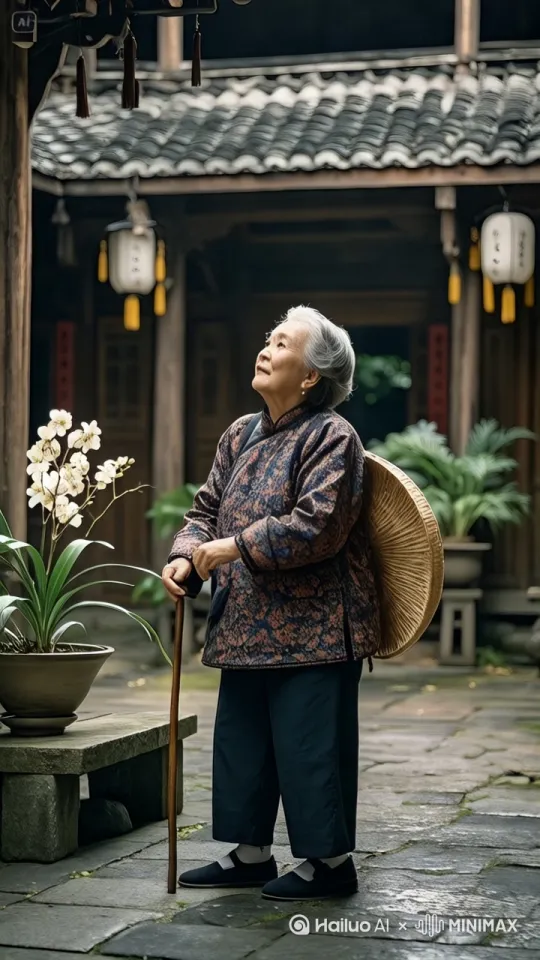 镜头移动，动态捕捉主体运动轨迹紧紧跟随。老奶奶是一位中国武术高手，她高高跃起轻松地跳到房顶上，又几个后空翻轻盈得在相邻的几个房顶上上奔跑跳跃。 by Hailuo AI Video Generator