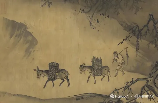 中国传统水墨画风视频帧，旅者与两头负重的毛驴行进于幽静山径之中。一只驮满货物的毛驴，另一头毛驴亦步亦趋，背负重物。画面右侧人物的长杖末端悬挂着一只摇摆的鸡，增添了几分生活气息。背景描绘淡雅的山水画卷，远山近树层次分明，营造出一种远离尘嚣的宁静氛围。温和的色彩搭配，让人感受到旅途的恬淡与和谐。中远景跟随镜头，捕捉人物与毛驴在山间行走的动态美。[跟随] by Hailuo AI Video Generator