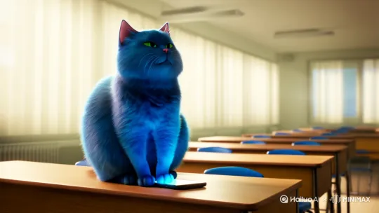 在教室里一只蓝色的胖猫坐在桌子上玩手机 by Hailuo AI Video Generator