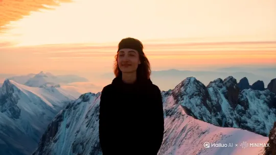 一个人站在山上看着日照金山，模仿无人机运镜 by Hailuo AI Video Generator