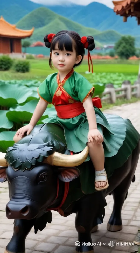 小孩形象，黑色短发扎双髻，系红色发带，身着绿衣配红色腰带，骑在水牛背上，手持大荷叶，背景有乡村房屋、山峦、荷叶，中式田园氛围 。 by Hailuo AI Video Generator