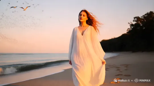 落日的海边，女人漫步在海边，海风吹动着白色的裙摆，天上一群海鸥飞过 by Hailuo AI Video Generator