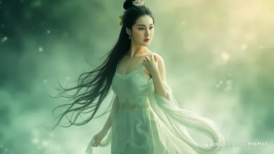 人物扭动腰肢，人物看向镜头妩媚一笑 by Hailuo AI Video Generator