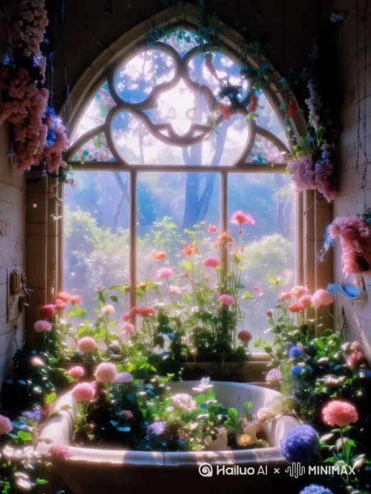 1只猫从浴缸的花丛里爬出来，靠着窗边，看着窗外的景色，dreamlike scenery，unreal，[推进] by Hailuo AI Video Generator