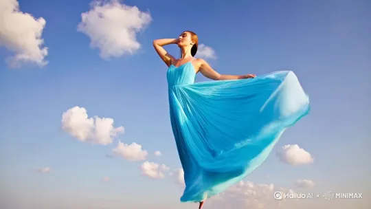 气质高雅的现代美女,一袭天青色的连衣裙随风飘动,裙摆如波浪般起伏,她在万里高空之中优雅地飞行。她的姿态优雅至极,一手轻轻拂过被风吹动的发丝,一手自然下垂,眼神温柔而略带憧憬地俯瞰下方。头顶的蓝天湛蓝澄澈,仿佛能洗净一切尘埃,洁白的云朵如同棉花簇拥在一起,为这片天空增添了几分梦幻。画面通过低角度的镜头完美了她优雅的全身姿态整个画面景色绝美,弥漫着浪漫且仙气飘飘的气息,宛如一个浪漫的梦境,32K,高清画质 by Hailuo AI Video Generator