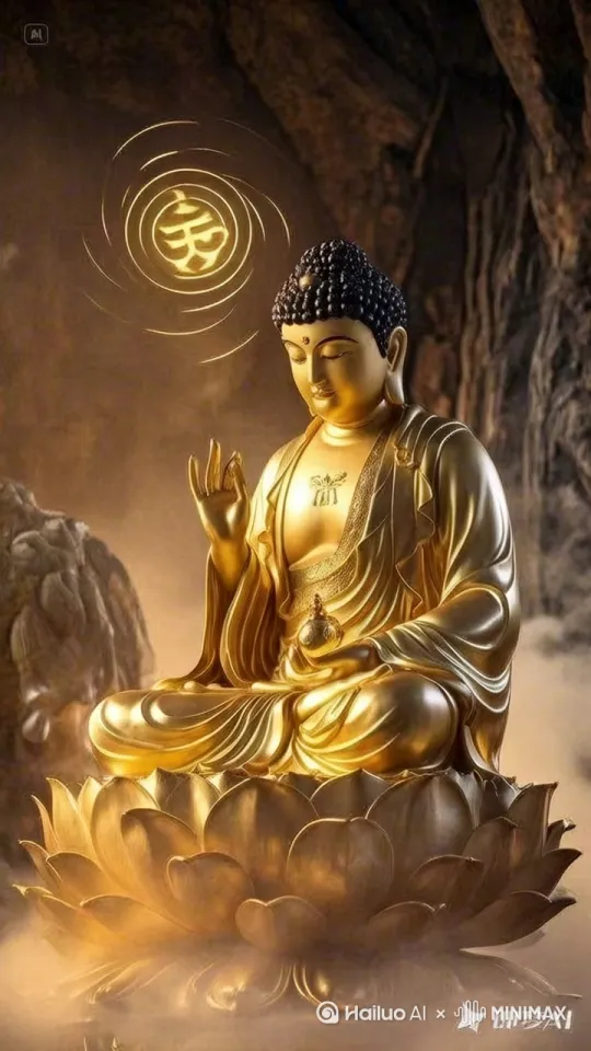 "宝相庄严的如来，金色袈裟柔光笼罩，端坐莲花台俯瞰众生，灵山云雾中掌心浮现旋转的‘卍’字符，佛光穿透云层。" by Hailuo AI Video Generator