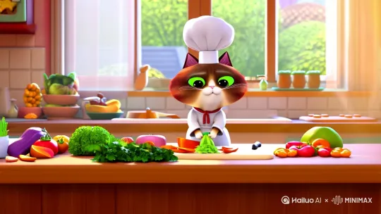 【视频标题】
猫咪的厨艺秀：萌宠大厨的惊喜料理！

【视频开头】
镜头缓缓推进，一只戴着厨师帽、围裙的猫咪出现在厨房里，它正认真地盯着案板上的食材，仿佛在思考着如何将这些食材变成美味佳肴。

【旁白】
“在我们的厨房里，有一位不寻常的厨师，它不仅有着可爱的外表，还有着令人惊叹的厨艺。今天，就让我们一起看看，这位猫咪大厨是如何准备它的拿手好菜的吧！”

【视频正文】
猫咪用它的小爪子轻轻拿起一把菜刀，虽然动作有些笨拙，但它却显得异常专注。它开始切菜，虽然偶尔会切到手指，但它似乎并不在意，反而更加努力地尝试着。

【旁白】
“看这认真的小模样，虽然偶尔会有失误，但它的专注和热情，是不是已经让你感到惊讶了呢？”

接下来，猫咪开始炒菜。它熟练地翻炒着锅中的食材，动作虽然有些生疏，但每一步都透露出它的用心。锅中的食材在它的操作下，逐渐散发出诱人的香气。

【旁白】
“瞧这翻炒的技巧，虽然不是专业厨师的水准，但这份努力和热爱，是不是已经让你心动了呢？”

【视频高潮】
最后，猫咪将炒好的菜肴装盘，然后用它的小爪子小心翼翼地端到镜头前。它抬起头，用那双充满期待的大眼睛望着镜头，仿佛在邀请观众一起品尝它的杰作。

【旁白】
“看，这就是我们猫咪大厨的拿手好菜——萌宠特制料理！虽然它可能不是最完美的，但这份心意和努力，是不是已经让你感动了呢？”

【视频结尾】
猫咪把盘子放在桌上，然后自己也跳上椅子，开始享用它的劳动成果。镜头慢慢拉远，厨房里回荡着猫咪满足的咀嚼声。

【旁白】
“感谢观看本期的萌宠厨房，希望这只猫咪大厨的故事，能给你带来一天的好心情。别忘了点赞和关注，我们下期视频再见！”

【视频结束】
画面淡出，出现“猫咪的厨艺秀：萌宠大厨的惊喜料理！”的标题和频道的logo，背景音乐渐渐淡出。[左移,上升] by Hailuo AI Video Generator