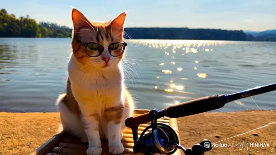 可爱美短猫猫，拿着专业钓鱼鱼具设备坐在美丽的湖泊旁边，天气晴朗阳光明媚，水面波光粼粼，猫猫换鱼饵然后继续钓鱼，戴着眼镜闲情逸致的样子，坐在竹椅子上，水面开始有波动，猫猫发现鱼上钩了，开始收鱼杆，一条鲜美的金鱼被钓上来，猫猫开心的跟伙伴分享[推出,上升,下摇] by Hailuo AI Video Generator