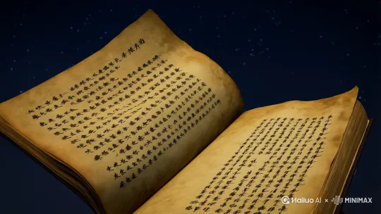 【奇幻书页】老旧的泛黄书页突然从古籍中飘落，墨迹化作萤火虫群腾空而起，每只萤火虫尾部都闪烁着篆体汉字，组成「山海经异兽图鉴」的动态投影，在星空背景下演绎上古神兽的传奇故事。 by Hailuo AI Video Generator