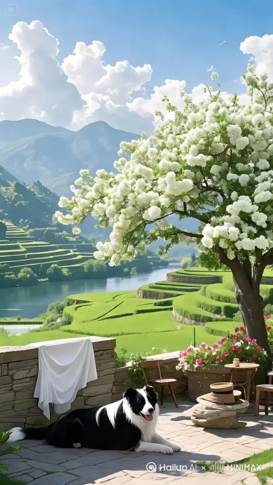 花朵和树叶随风飘动，小狗站起来慢慢走开，高清画质，12k分辨率，电影胶片质感，固定镜头，不运镜 by Hailuo AI Video Generator