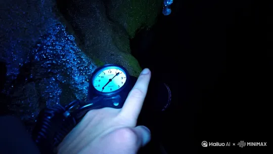 岩缝渗出的冷风舔过后颈时，我的头灯恰好熄灭。防水表盘显示下午三点，可洞窟深处的黑暗浓稠如沥青。食指沿着岩壁摸索，钟乳石凝结的水珠滴落肩窝，激起一片寒栗。

荧光棒折裂的瞬间，幽蓝光芒映出石壁上的抓痕。五百年前的矿工是否也在此处迷途？暗河在脚下呜咽，我循着水流行走，直到摸到岩壁上凸起的刻痕——是生锈的青铜钎留下的箭头，指向某个被遗忘的出口。

苔藓覆盖的通道尽头豁然开裂，地底瀑布轰鸣着坠入深渊，水雾中竟浮着一线天光。原来山腹早已被时光蛀空，石穹顶端裂开五指宽的缝隙，一株倒生的青松正探爪伸向人间。 by Hailuo AI Video Generator