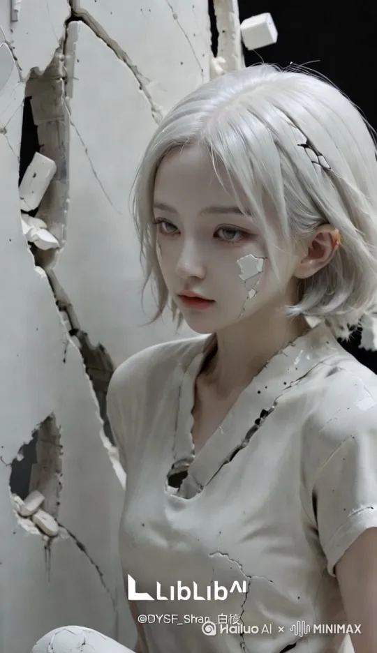 模特双手剥开胸前的水泥，露出双肩。 by Hailuo AI Video Generator