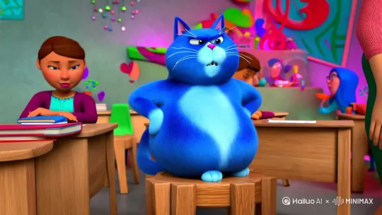: 一只拥有人类手脚的蓝色胖猫坐在教室的凳子上里生气的上课站起来指着老师的身体 by Hailuo AI Video Generator