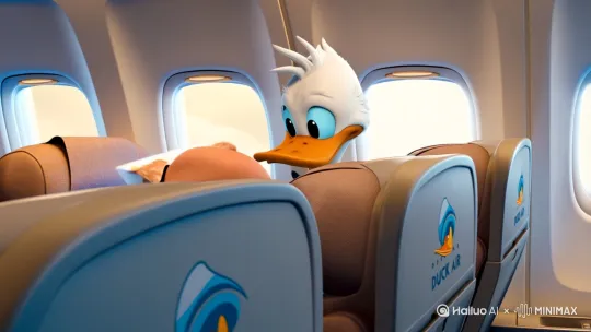 商务舱迷惑行为
场景:飞机座位(椅背印着Duck Air)
动作:唐老鸭用鸭嘴戳破航空餐包装,食物弹到前座秃顶乘客头上
细节:+慢镜头飞溅的布丁 +受害人转头时唐老鸭吹口哨装傻 +窗外云朵变成鸭子形状 by Hailuo AI Video Generator