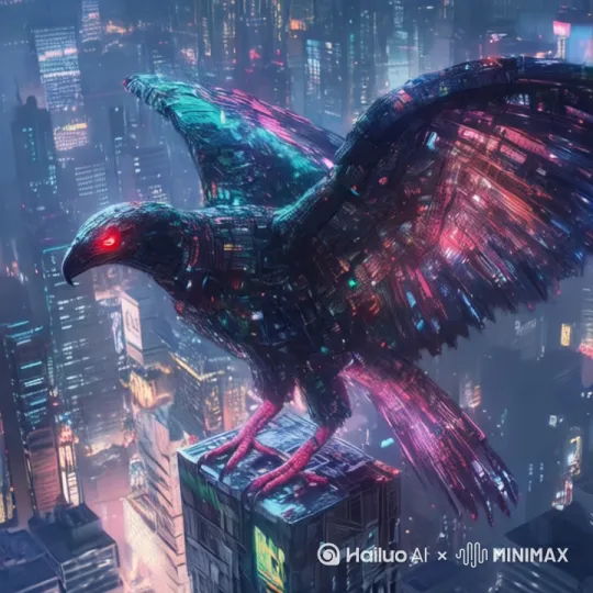 老鹰从楼上飞下来，在天空中飞翔，周围的灯光闪烁 by Hailuo AI Video Generator