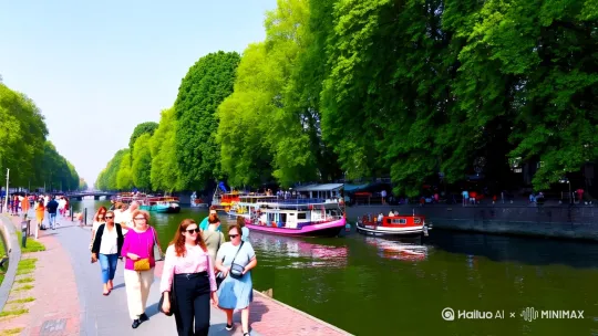 、运河内船来船往，运河边绿树成荫，河堤上游客成群结队。 by Hailuo AI Video Generator