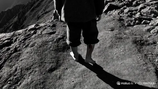（画面：黑白滤镜下，七岁雷锋赤脚走在山间小路上，脚底的血迹在晨光中泛着微光） by Hailuo AI Video Generator