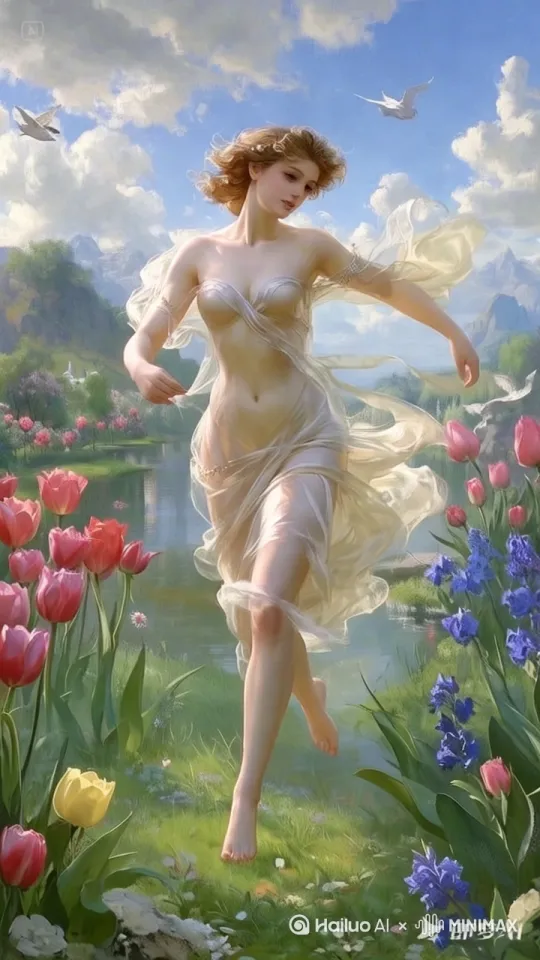 女孩欢快的走着，脸上带着笑容[左移,上升] by Hailuo AI Video Generator