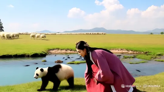 女士跟着熊猫来到草原边，发现在蓝天白云下，一群白色的羊群，于是放声唱起了康定情歌。一位俊朗少年走来，远远凝望看姑娘，含情脉脉，傍边小河水哗哗流淌，鱼儿在水里快乐游玩。 by Hailuo AI Video Generator