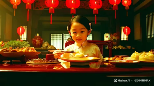 运运财童子在新年吃饺子。 by Hailuo AI Video Generator