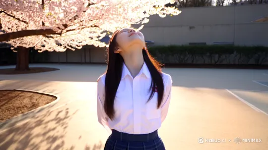 **提示词**：  
"生成一段8秒写实视频，内容如下：  
**[镜头1]**：18岁亚洲女孩穿JK制服（白衬衫+深蓝格子裙），站在校园操场，双手背在身后，仰头闭眼微笑，阳光从左侧45度洒在脸上  
**[镜头2]**：她睁开眼睛看向镜头，微风拂过发丝，背景樱花飘落，轻声说：‘今天的阳光真好呀～’（口型同步）  
**[镜头3]**：转身走向操场边的樱花树，裙摆随风摆动，画面渐远  

**技术要求**：  
- 分辨率：1080p  
- 人物：超写实风格，避免卡通或3D感  
- 光照：柔和逆光，脸颊有高光，脚下阴影清晰  
- 动作：自然眨眼（每秒1-2次），嘴唇与语音精准同步" by Hailuo AI Video Generator