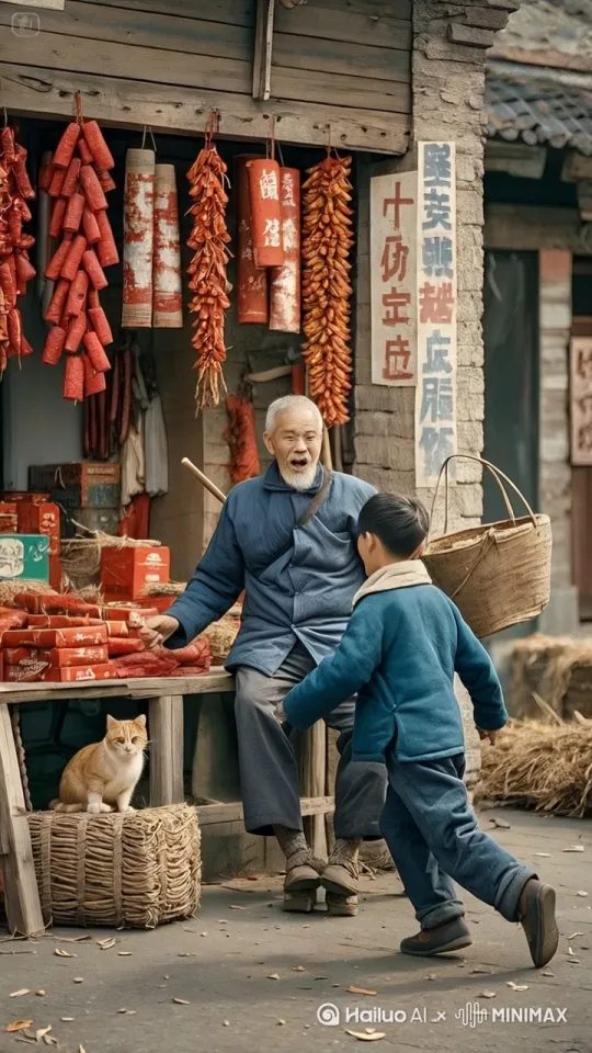 ，其中一个留着锅盖头的男孩突然抓起一把鞭炮转身狂奔，另一个平头男孩则愣住原地。老大爷身体前倾，右手悬在半空，脸上交织着惊讶与无奈，嘴角微微抽搐。 by Hailuo AI Video Generator