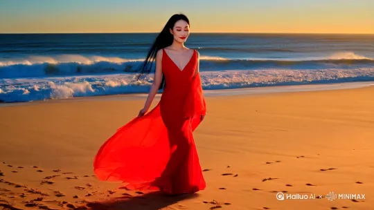 我是一名短视频创作者 请把我制作一张图片 图片内容一个中国美女走在沙滩上 五官精致 身材匀称 大长腿 黑色长发 红色裙子 有海浪 大海 中文 写真风格 不超200字 by Hailuo AI Video Generator