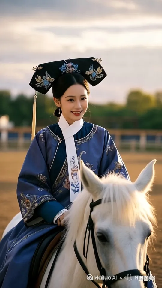美女满面笑容，骑马在开满鲜花的草原上快速奔跑。树和鲜花向后快速闪去。[左摇,变焦推进] by Hailuo AI Video Generator