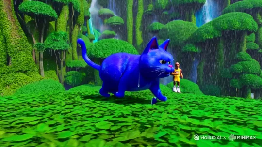 生成一段视频，内容是一只蓝色的3d胖猫抱着科比在雨中的丛林跑来跑去 by Hailuo AI Video Generator