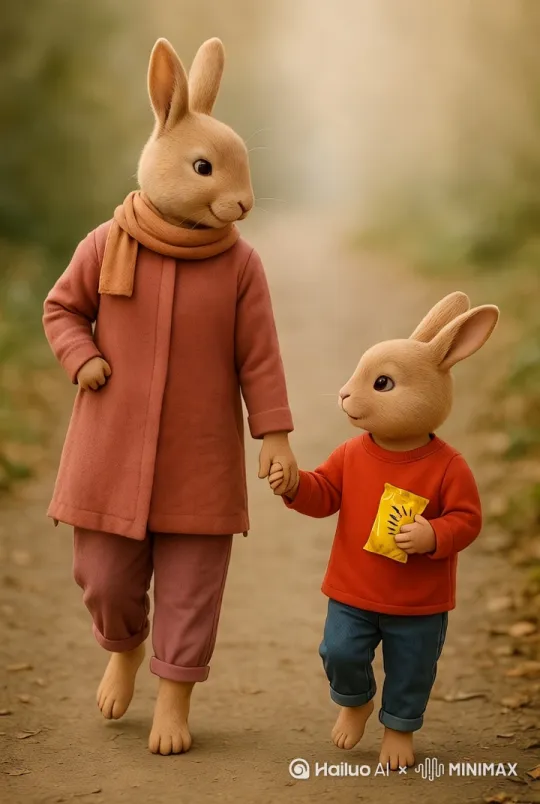 兔妈妈领着她的孩子走在林间小路上[左移,右摇,跟随]，边走边聊天[变焦推进]。 by Hailuo AI Video Generator