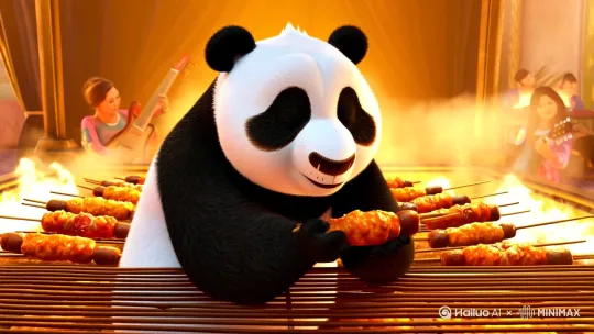 一只熊猫听着音乐在烧烤串展柜里吃烤串，一条龙看看了口水直流，后面引来了很多小动物有鼹鼠  ，平头哥，秃鹫，   大象，野狼  猎豹  ，猎狗一起围攻熊猫和龙，一起团战打得突破血流 by Hailuo AI Video Generator