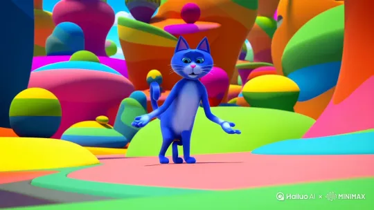 一只长着人手人脚的皮肤是蓝色的猫风格偏卡通 by Hailuo AI Video Generator