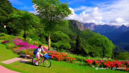 在公园山地骑自行车的女孩，沿路鲜花和树木[跟随]，远景兰天白云群山 by Hailuo AI Video Generator