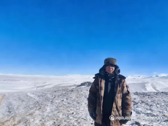 身后有藏羚羊穿过。远处有两只狼往身边跑来 by Hailuo AI Video Generator