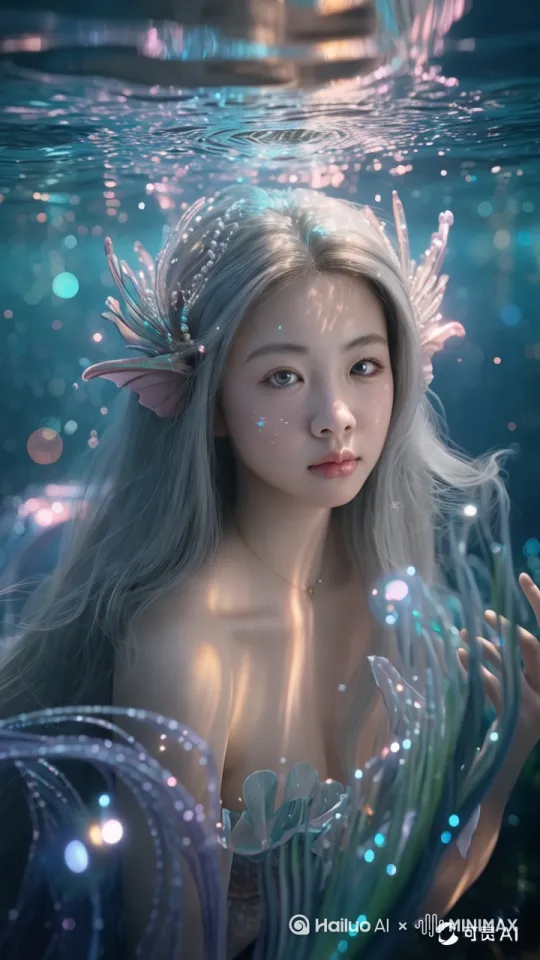 小美人鱼慢慢地潜入水中，优雅地游向大海深处 by Hailuo AI Video Generator