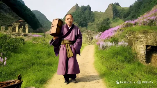 化身为古代儒雅郎中，背上药箱下乡看病，路上偶遇一女子病倒在路上，上前为女子把脉，却不料你只是狐狸精变成了，吓待摔了一个大跤 by Hailuo AI Video Generator