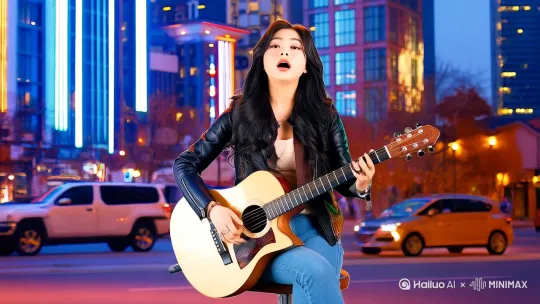 一位流浪歌手，每天在不同城市、乡村，不同环境下演唱与环境吻合的歌曲，表达不同的情感，画面唯美，现代时尚，符合现代人的审美，电影质感 by Hailuo AI Video Generator