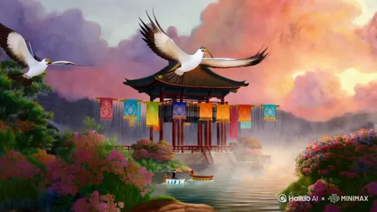 水粉画风格，朝飞暮卷，云霞翠轩，雨丝风片，烟波画船。 by Hailuo AI Video Generator