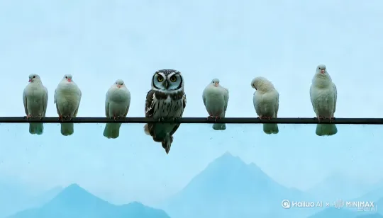 /鸽子和猫头鹰友好相处，相互打招呼。 by Hailuo AI Video Generator