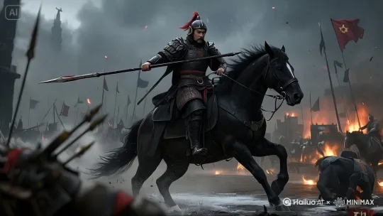 [左移,右摇,跟随]战马奔腾，骑马人物右手调转持枪，指向前刺 by Hailuo AI Video Generator