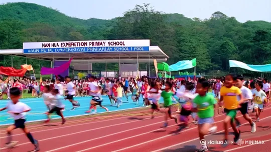 十岁孙子参加南化实验小学的运动会，运动会有很多项目，例如跑步跳远跳绳等，我孙子参加了跑步的比赛，并取得第一名 by Hailuo AI Video Generator