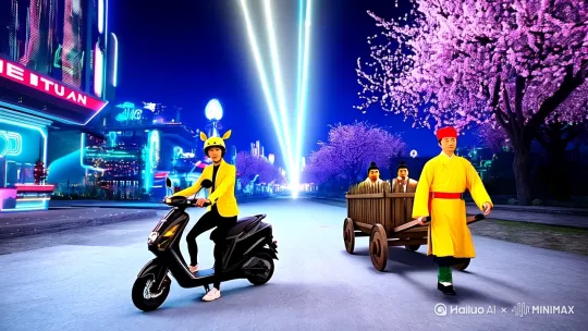微缩景观，3D盲盒，画面一分为二，中间线条激光四射，居中构图，帅气，跳起来，骑手和衙役对视，(左边是现代美团外卖骑手穿着黄色的冲锋衣黑色的裤子，戴着袋鼠耳朵头盔，骑着黑色电瓶车背景夜景霓虹灯赛博),两个人击掌手部特写:1.2，(右边是古代衙役穿着朴素押送流放人员，佩戴剑，拉着木制的犯人囚车，古代侍卫黄色大褂红色帽子夜景月亮梅花)[推出,上升,下摇] by Hailuo AI Video Generator