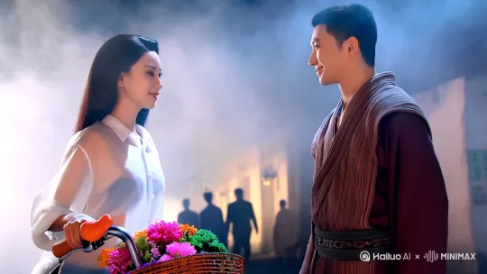 居中构图，帅气，跳起来，现代美女和古代书生对视，(左边现代女人骑着自行车，车篓里放着鲜花，，大面积的光，薄雾，朦胧的丁达尔光，弥散光感，朦胧美，透光的衬衫，背景是巷子里的人家，黑暗的背景，明暗对比度高，烟雾弥漫),两个人击掌手部特写:1.2，(右边是翩翩书生骑看毛驴，手捧竹简赶路，夜景月亮梅花) by Hailuo AI Video Generator
