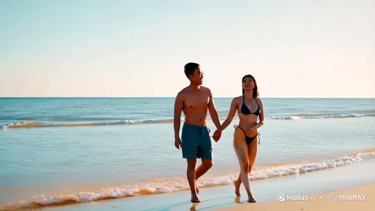 一个阳光明媚的下午，镜头从远处缓缓推进，展示一片美丽的沙滩和波光粼粼的海面。一对中国帅哥穿着短裤和一个穿着性感比基尼的美女少妇手牵手，漫步在沙滩上，脸上洋溢着幸福的笑容。

镜头切换到中景，帅哥和美女有说有笑，镜头缓慢推进，捕捉他们之间的亲密互动。

接着，镜头切换到特写，帅哥和美女对视微笑，背景虚化，突出他们的幸福表情。

最后，镜头再次拉远，帅哥和美女继续散步，逐渐消失在夕阳的余晖中。
美女身材按我给你的描述给我生成:
胸臀差值=38%（B罩杯+H型蜜桃臀）  
- 腰臀过渡区设置0.68黄金分割点  
- 大腿内侧脂肪分布均匀度+15%  

◆ 动态力学表现：  
- 海风作用下左肩下沉3cm产生衣料褶皱  
- 右侧腰腹肌群呈现运动后自然收缩纹路  
- 迈步时臀中肌位移幅度控制在12cm区间  

光影氛围组  
◈ 逆光勾勒背部蝴蝶骨投影  
◈ 湿沙反光在脚踝形成渐变高光带  
◈ 海浪飞溅在锁骨窝形成动态水珠 by Hailuo AI Video Generator