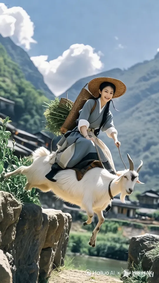 清秀美女驭山羊飞驰，腾空而起，串房越脊，豪情不减当年勇；不羁身姿掠过风烟，尽显别样洒脱态。 by Hailuo AI Video Generator