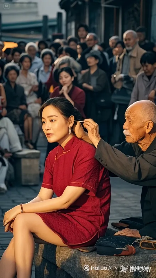老头跳起来疯狂的挥舞手中的挖耳勺，从美女耳朵里持续不断的挖出耳屑，耳屑持续不断的喷涌而出 by Hailuo AI Video Generator