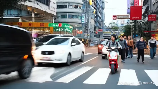 清晨，大街上快速的车流一位女仕骑着电动车，镜头聚焦拉进 by Hailuo AI Video Generator