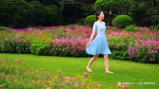 [右移,左摇,跟随]，一个亚洲美女肌肤细腻白皙，穿着浅蓝色短裙，赤脚走在伴有鲜花的绿色草坪上行走 by Hailuo AI Video Generator