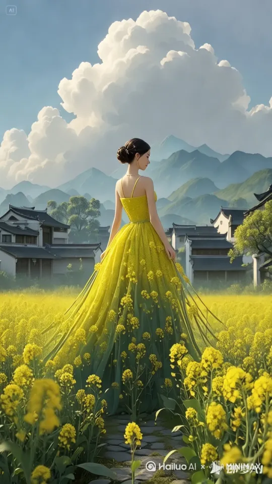 让图中少女像仙女一样飞天，飞向远方，动作要求真实自然。裙子如孔雀开屏。 by Hailuo AI Video Generator