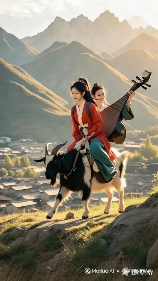 清秀美女驭山羊飞驰，腾空而起，串房越脊，豪情不减当年勇；不羁身姿掠过风烟，尽显别样洒脱态，画面真实 by Hailuo AI Video Generator
